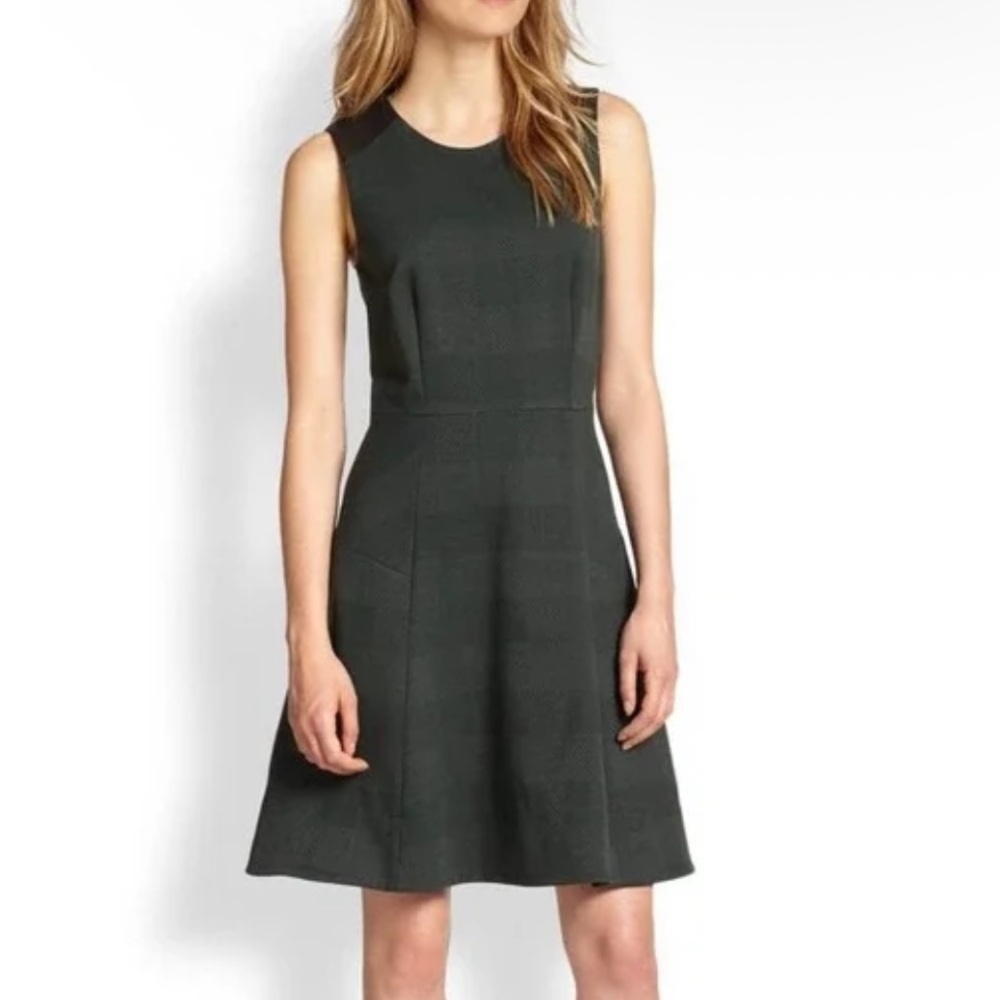 Rag and bone Gayle green check leather shoulder A line dress